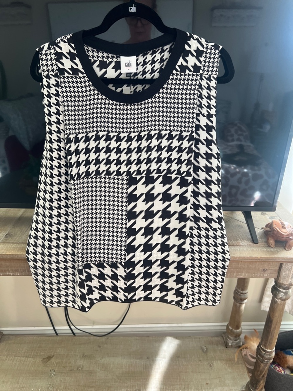 CAbi Black & White Houndstooth Patchwork Sleeveless Top
